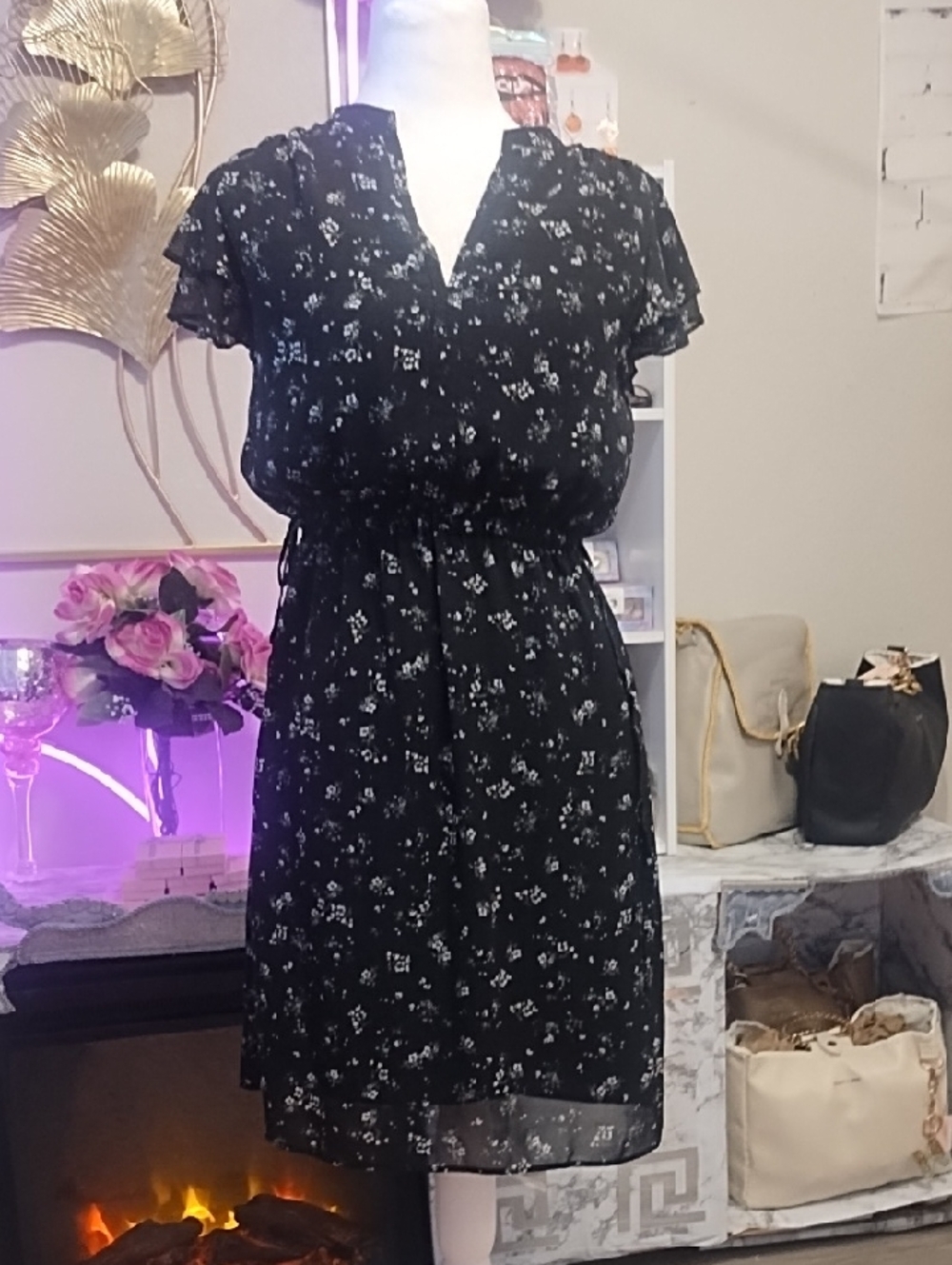 H&M Black Floral Midi Dress with White Print